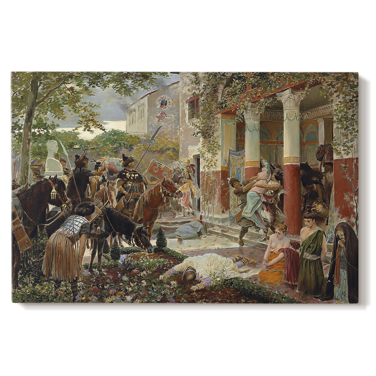 Canvas art print portraying a chaotic battle scene with mounted warriors charging across landscape, set against a white background