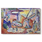 Canvas art print portraying figures lounging outdoors in a vibrant coastal setting with water views, set against a white background