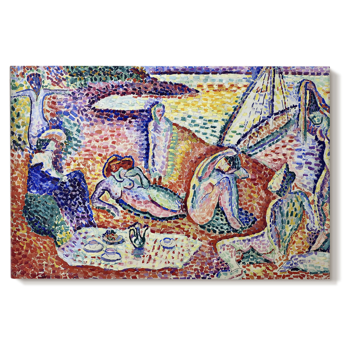 Canvas art print portraying figures lounging outdoors in a vibrant coastal setting with water views, set against a white background