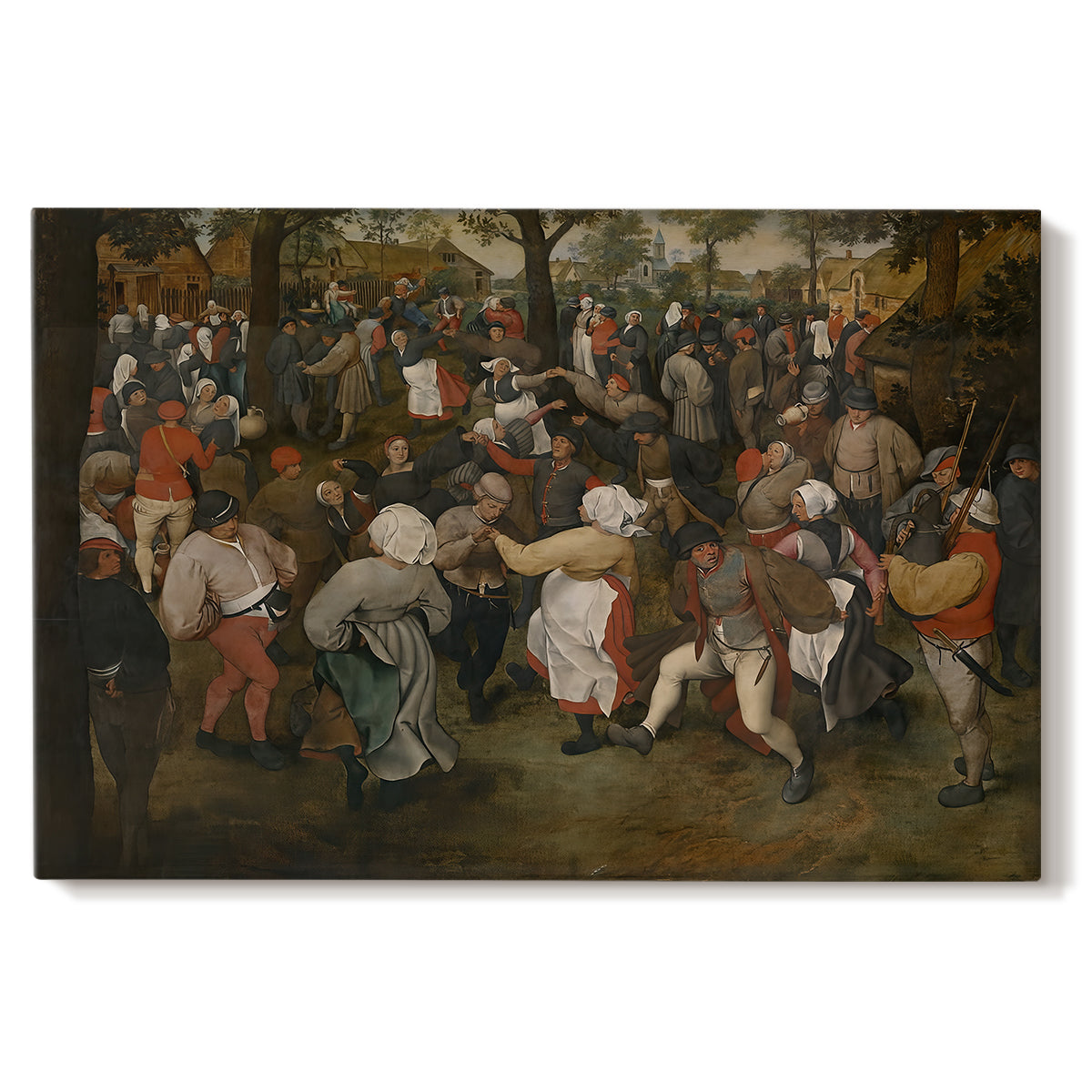 Canvas art print portraying a crowd dancing in outdoor wedding celebration, set against a white background