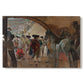 Canvas art print portraying a group of figures gathered indoors preparing for bullfight performance, set against a white background