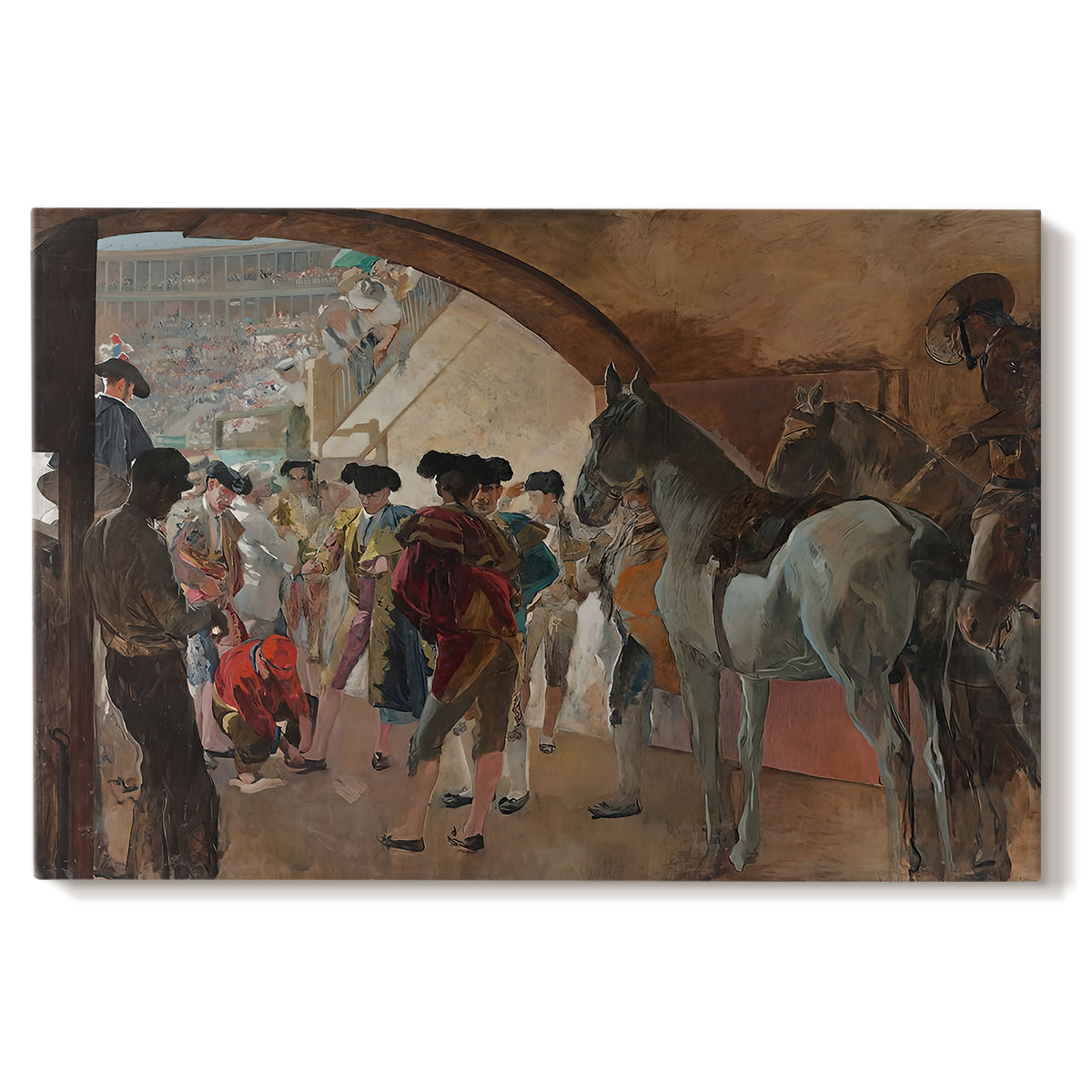 Canvas art print portraying a group of figures gathered indoors preparing for bullfight performance, set against a white background