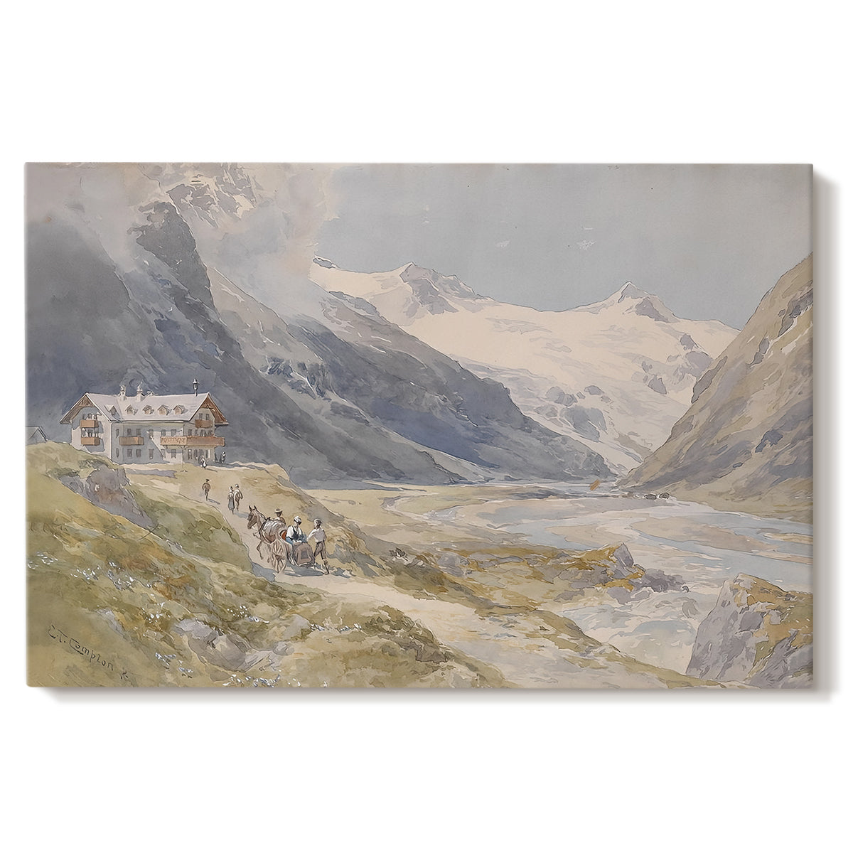 Canvas art print portraying a small group of shepherds in alpine landscape with grazing animals, set against a white background