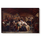Canvas art print portraying a large gathering of villagers seated around tables during a funeral feast indoors, set against a white background