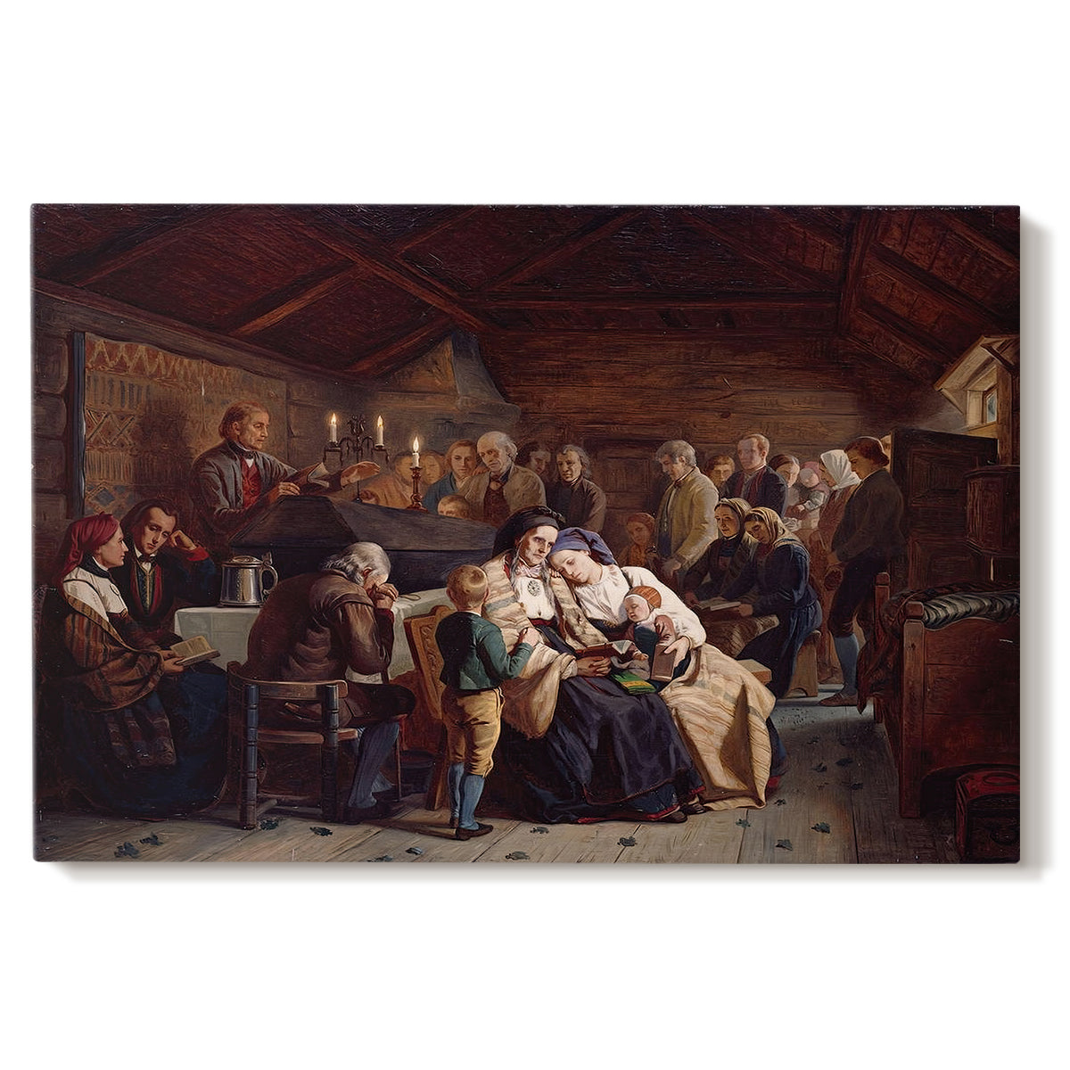 Canvas art print portraying a large gathering of villagers seated around tables during a funeral feast indoors, set against a white background