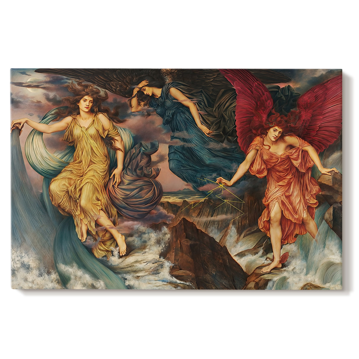 Canvas art print portraying multiple figures swirling through sky representing storm forces in motion, set against a white background