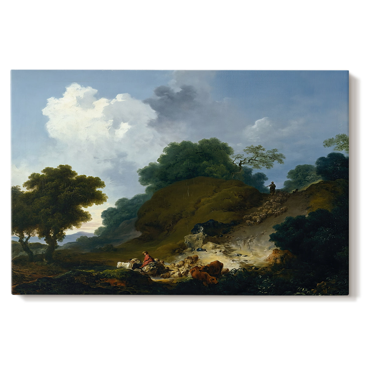 Canvas art print portraying shepherds tending flock of sheep in open pastoral landscape, set against a white background