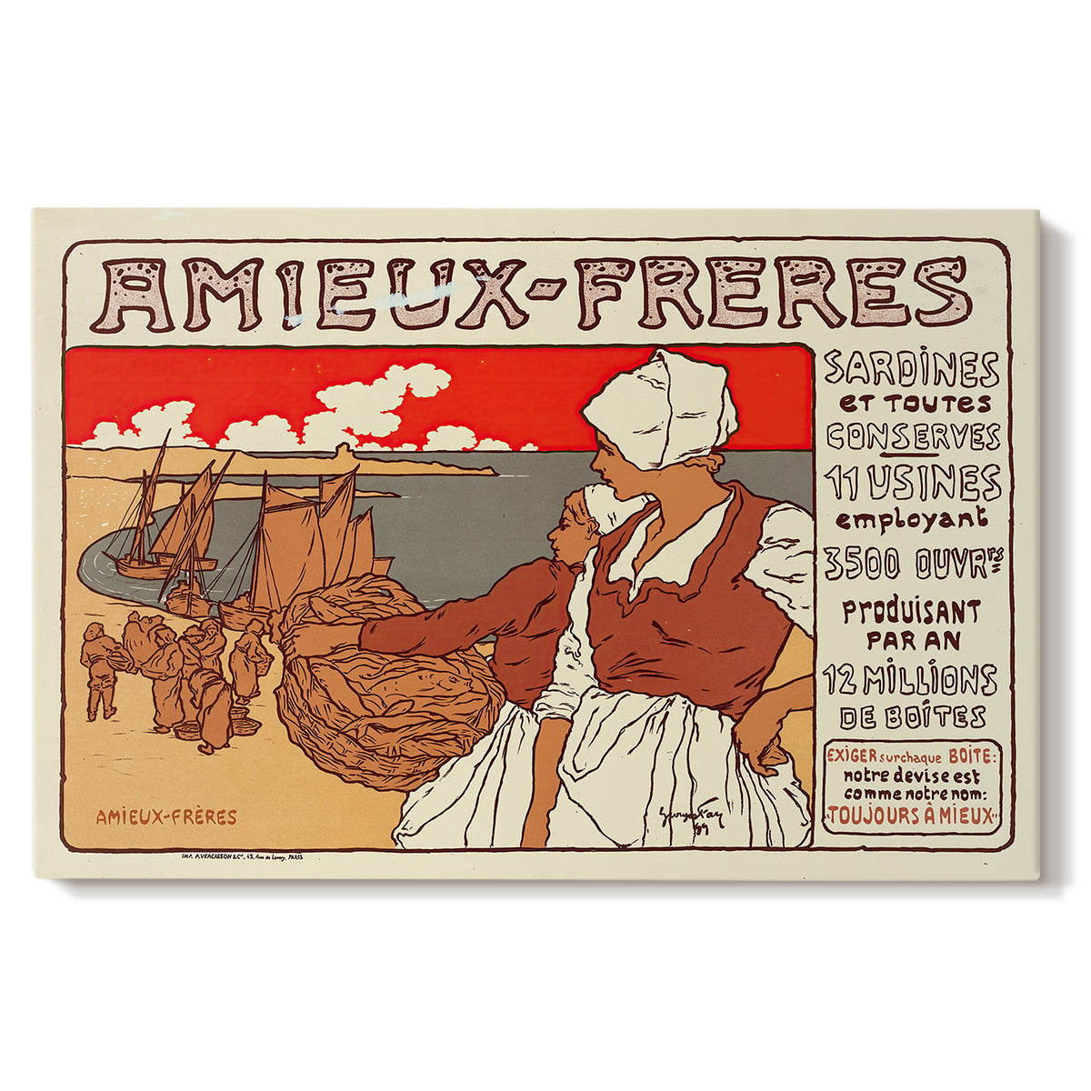Canvas art print portraying a vintage Art Nouveau advertisement poster with illustrated figures and decorative typography, set against a white background