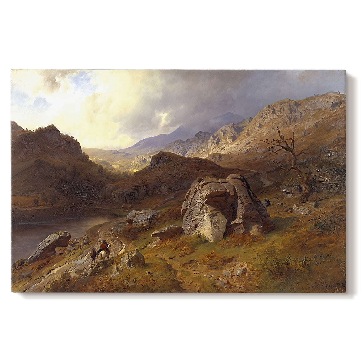 Canvas art print portraying an expansive valley landscape with river flowing through rugged hills, set against a white background