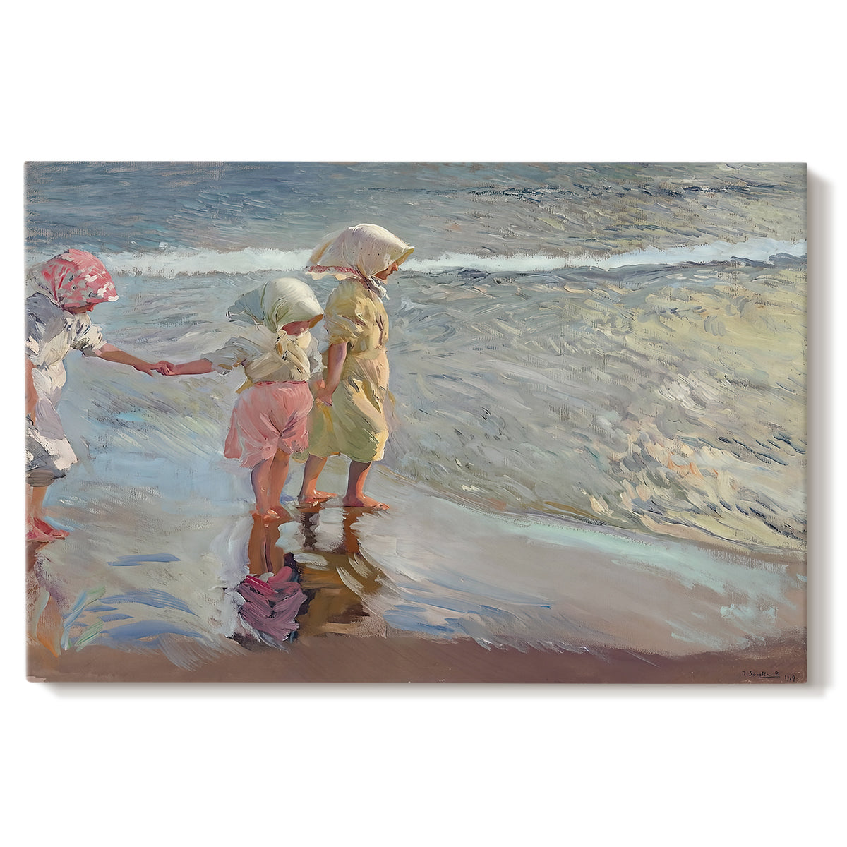 Canvas art print portraying three women standing together on beach in flowing dresses, set against a white background