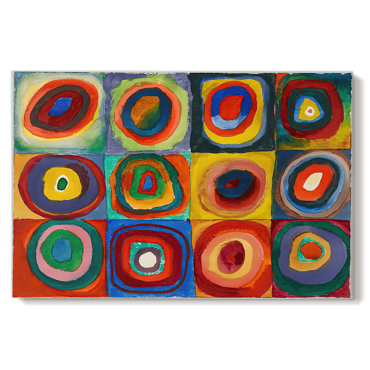 Canvas art print portraying a grid of squares each containing concentric circular color patterns, set against a white background