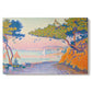 Canvas art print portraying a coastal landscape with trees and water, set against a white background