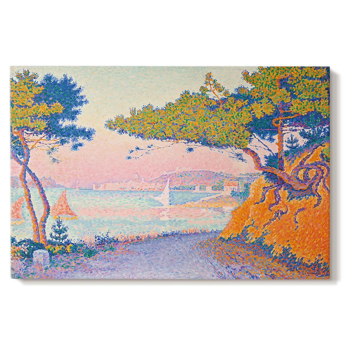 Canvas art print portraying a coastal landscape with trees and water, set against a white background
