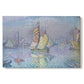 Canvas art print portraying a boat with yellow sail on water, set against a white background