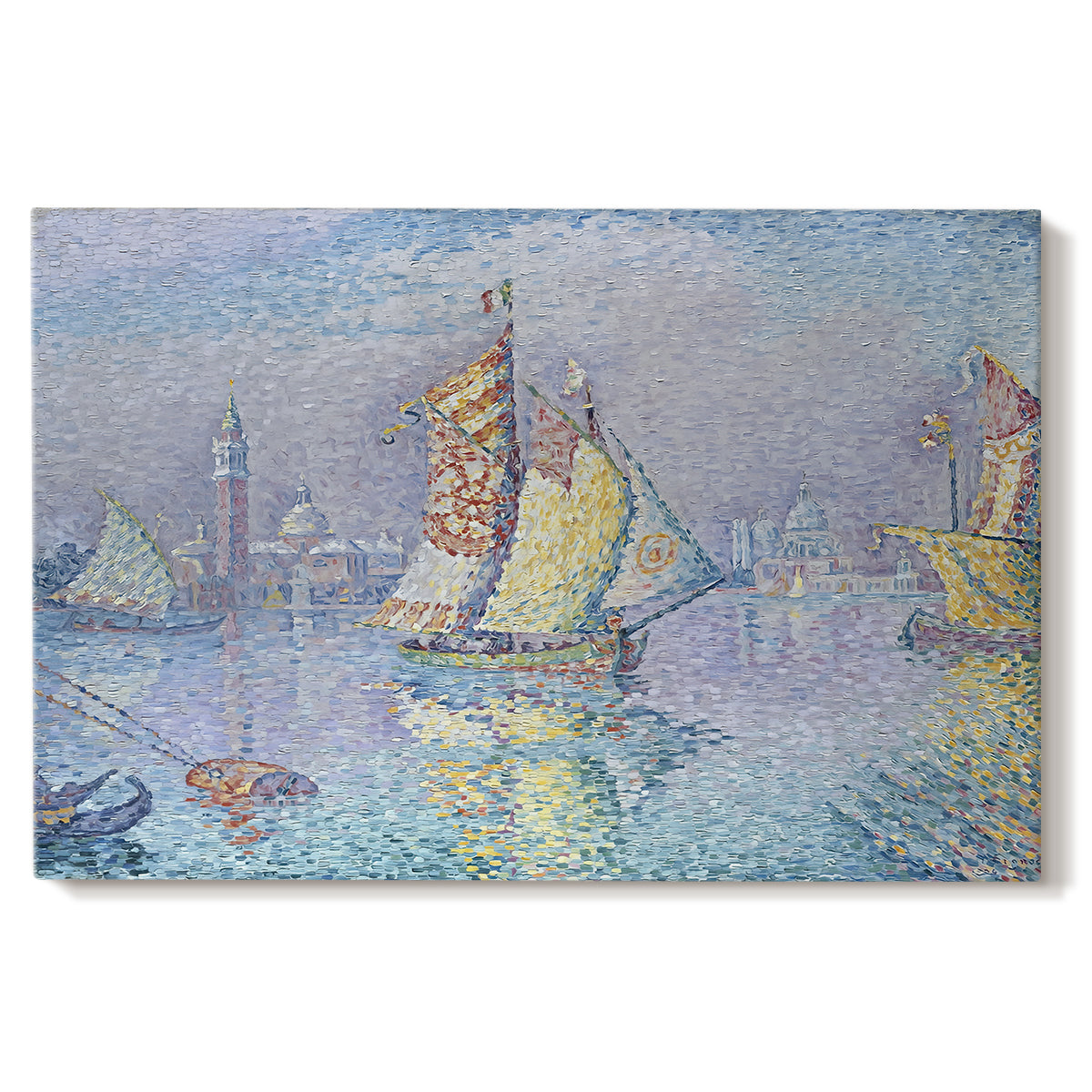 Canvas art print portraying a boat with yellow sail on water, set against a white background