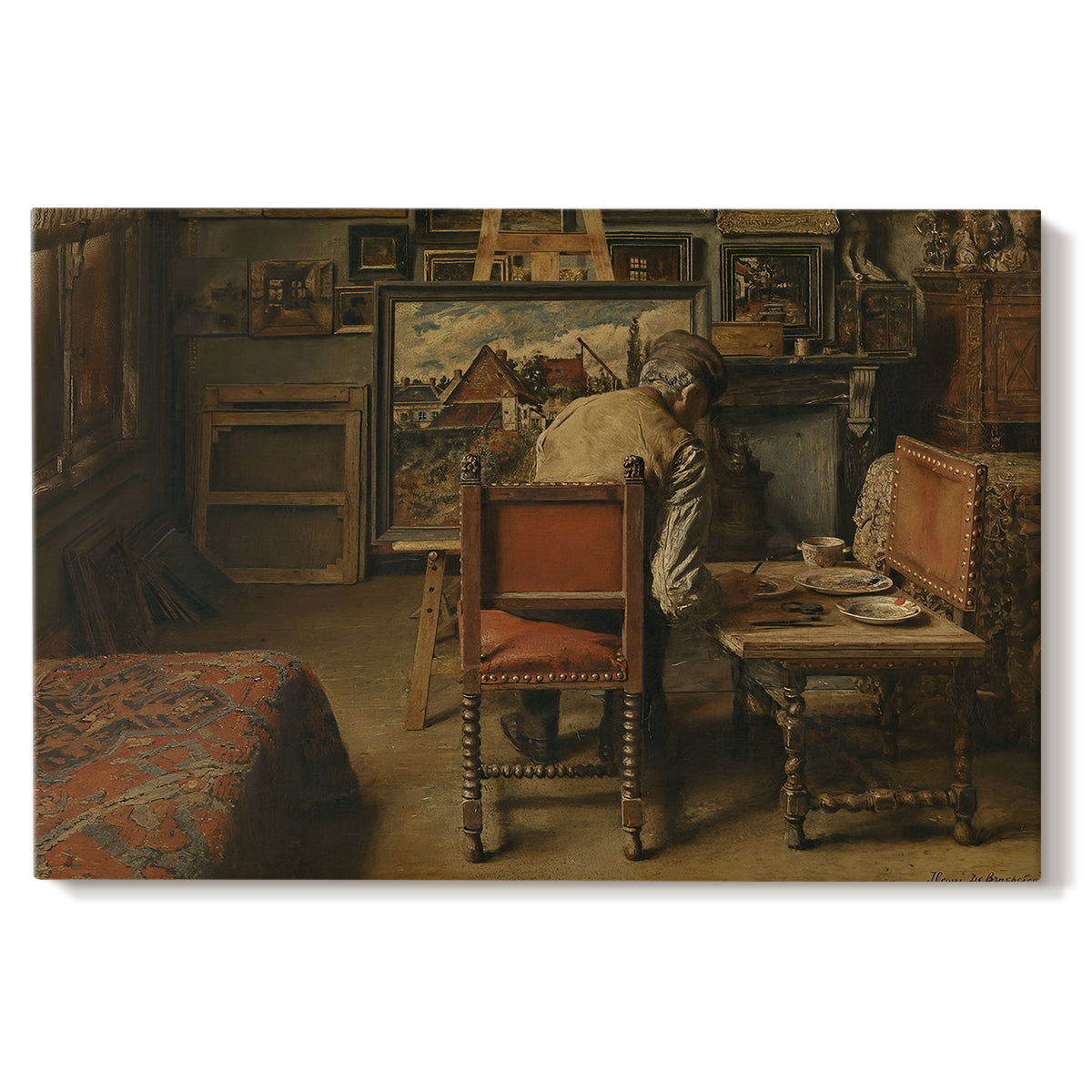 Canvas art print portraying a figure seated indoors carefully working on artwork at table, set against a white background
