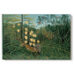 Canvas art print portraying a tiger attacking buffalo in dense jungle filled with foliage, set against a white background
