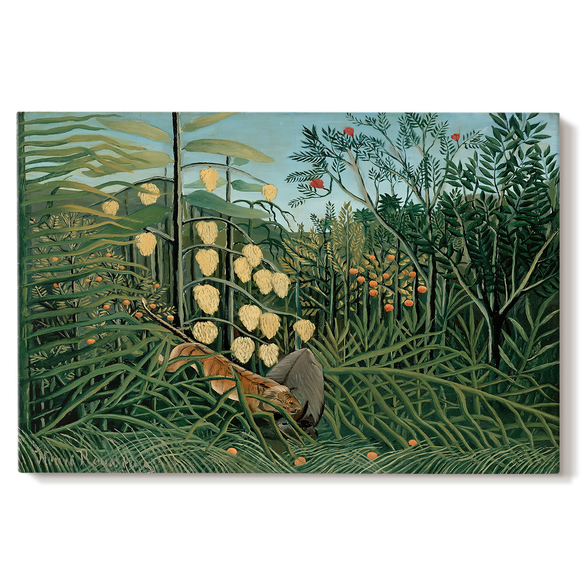Canvas art print portraying a tiger attacking buffalo in dense jungle filled with foliage, set against a white background