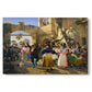 Canvas art print portraying a group of people eating and drinking together in lively tavern setting, set against a white background