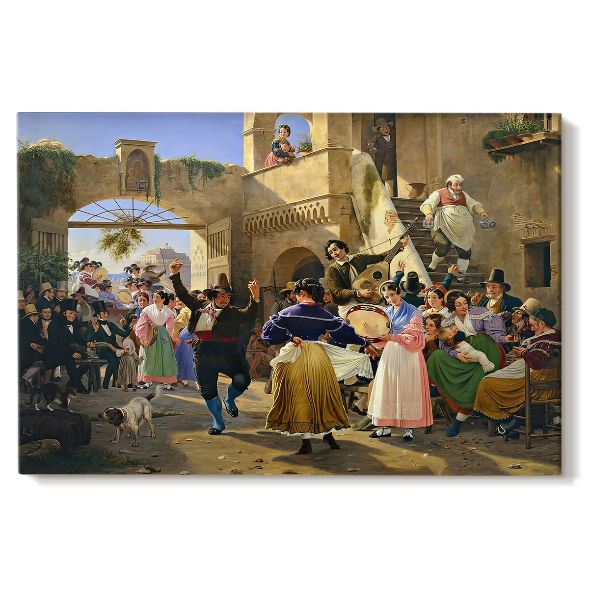 Canvas art print portraying a group of people eating and drinking together in lively tavern setting, set against a white background