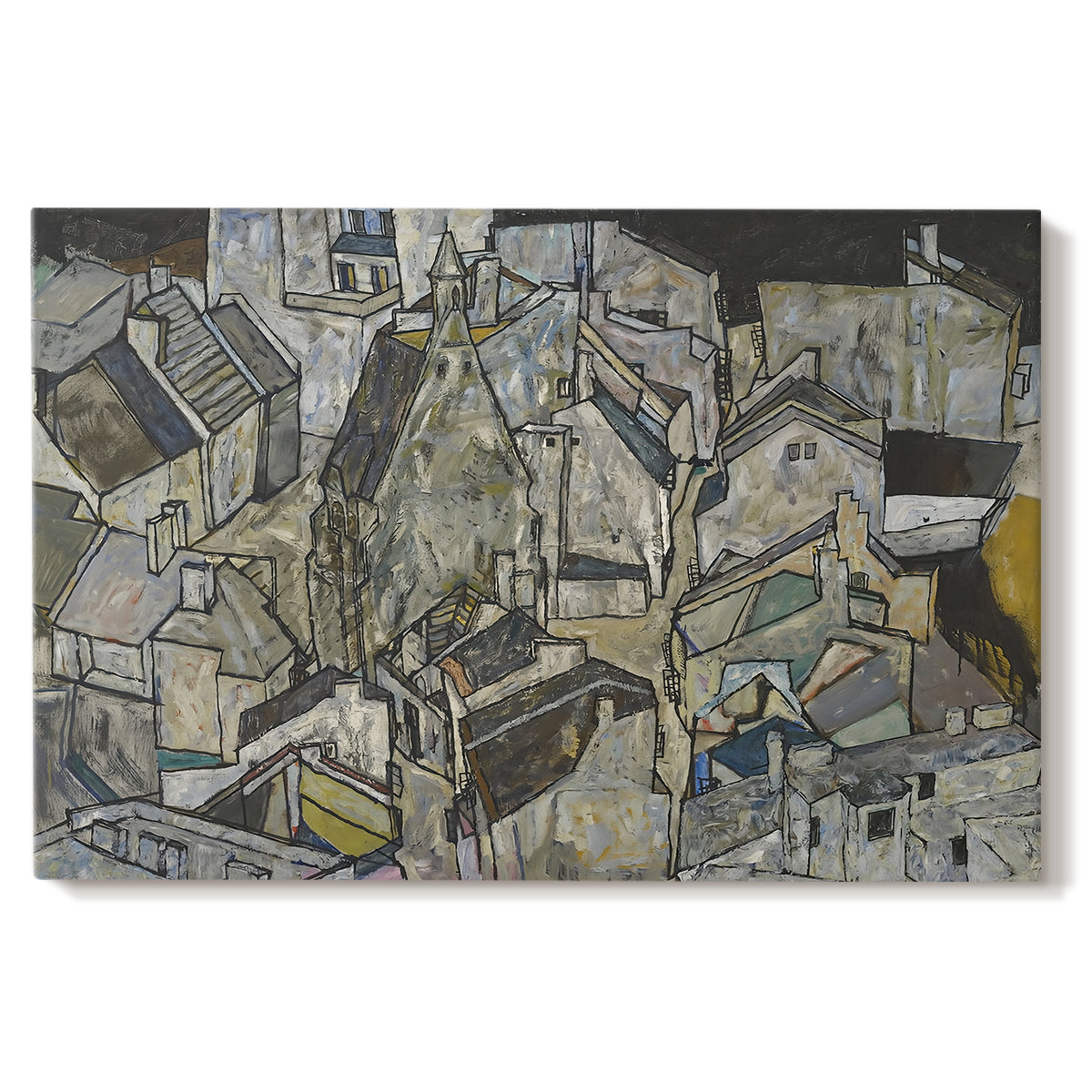 Canvas art print portraying clustered geometric houses forming dense urban landscape with sharp angles, set against a white background