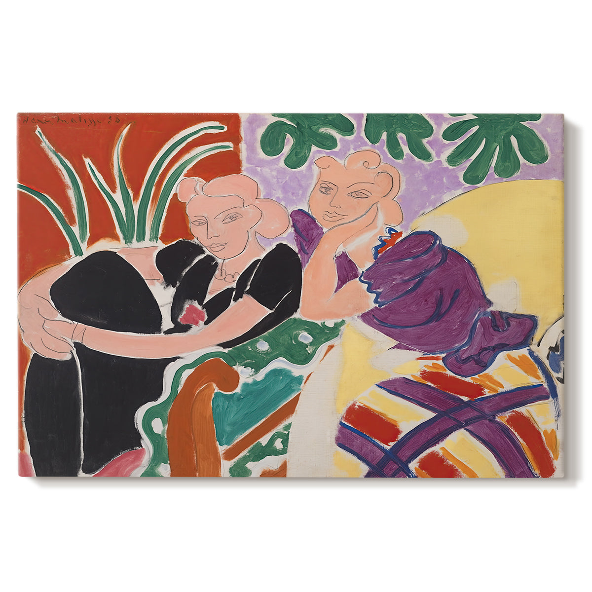 Canvas art print portraying two figures in a vivid interior engaged in conversation, set against a white background