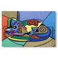 Canvas art print portraying a colorful geometric dog composed of bold shapes, set against a white background