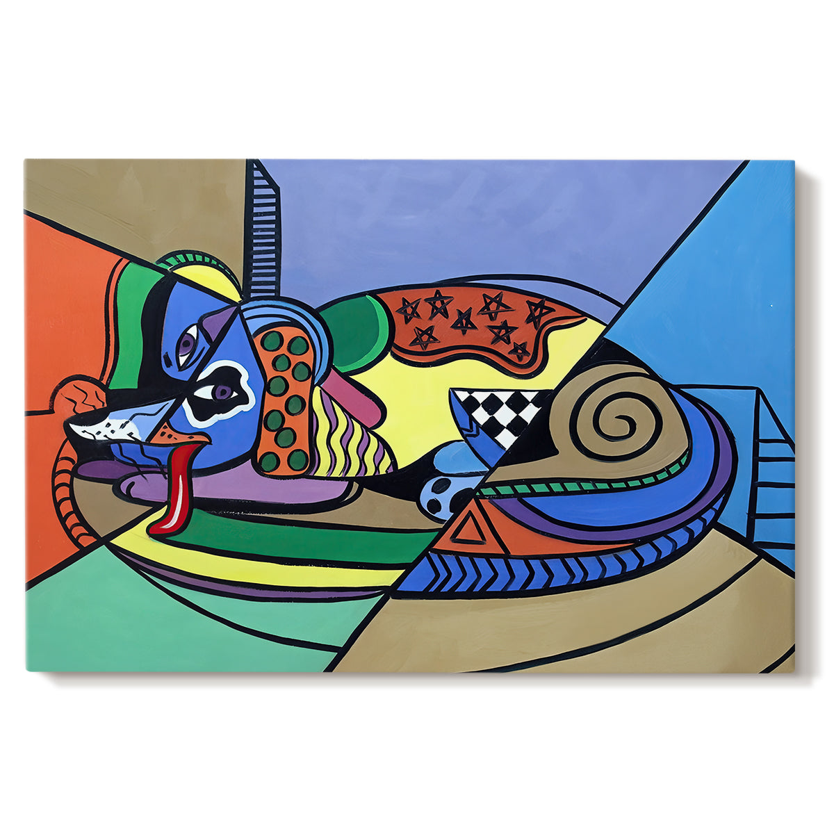 Canvas art print portraying a colorful geometric dog composed of bold shapes, set against a white background