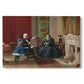 Canvas art print portraying a family seated together in interior room engaged in quiet activity, set against a white background