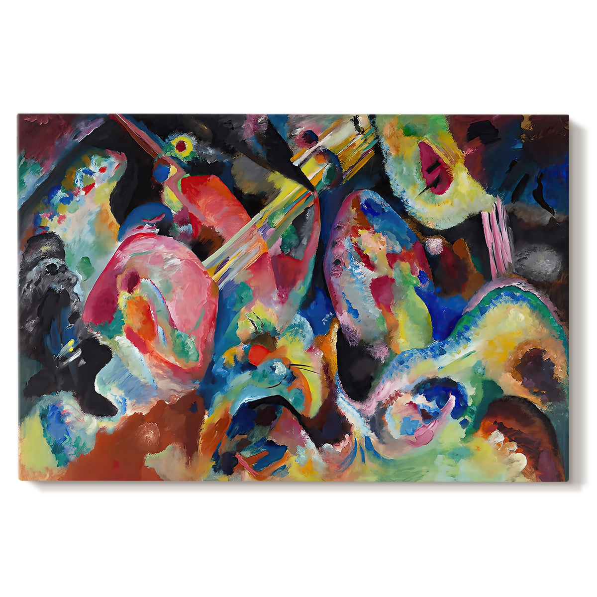 Canvas art print portraying a chaotic abstract composition with dense overlapping colors and forms suggesting turbulent motion, set against a white background