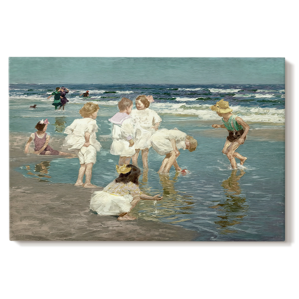 Canvas art print portraying people relaxing and wading in shallow ocean water along a sunny beach, set against a white background