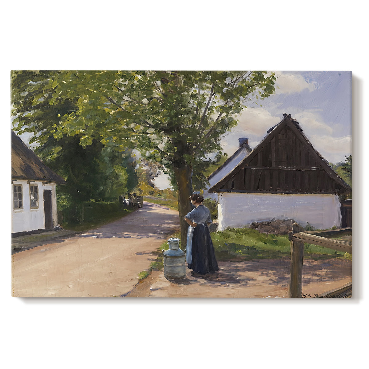 Canvas art print portraying a woman and milkman standing along village street with houses nearby, set against a white background