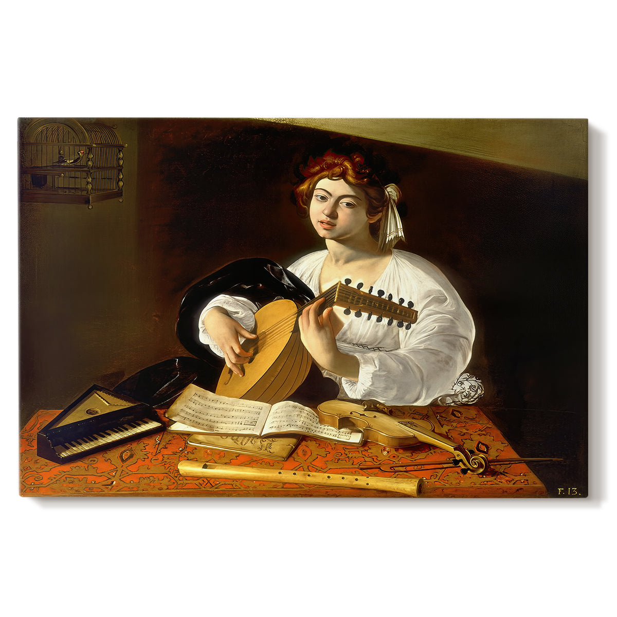 Canvas art print portraying a young man playing lute surrounded by sheet music and still life objects, set against a white background