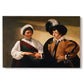 Canvas art print portraying a woman reading a young man's palm while secretly stealing his ring, set against a white background
