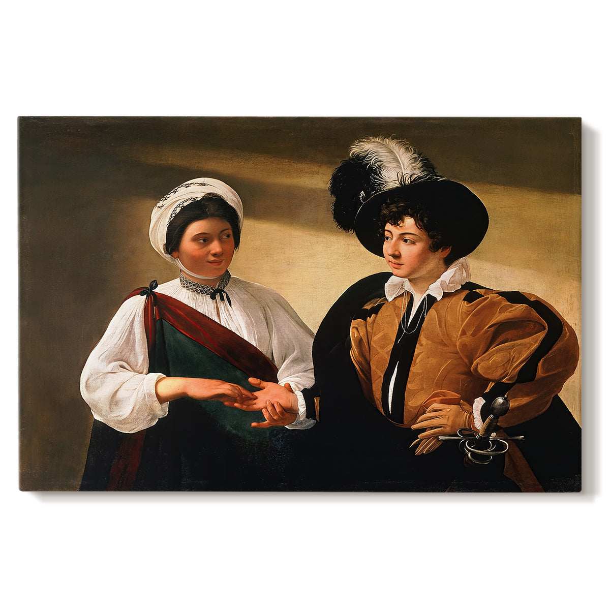 Canvas art print portraying a woman reading a young man's palm while secretly stealing his ring, set against a white background