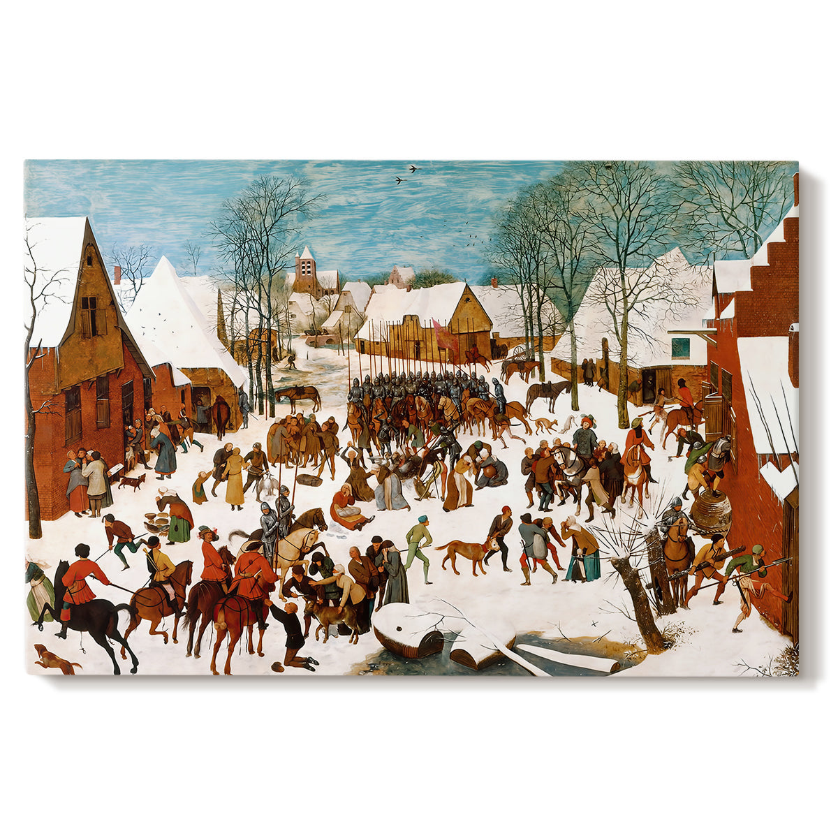 Canvas art print portraying a chaotic village scene with soldiers attacking civilians in winter setting, set against a white background