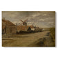 Canvas art print portraying a mill building beside water in quiet rural landscape, set against a white background