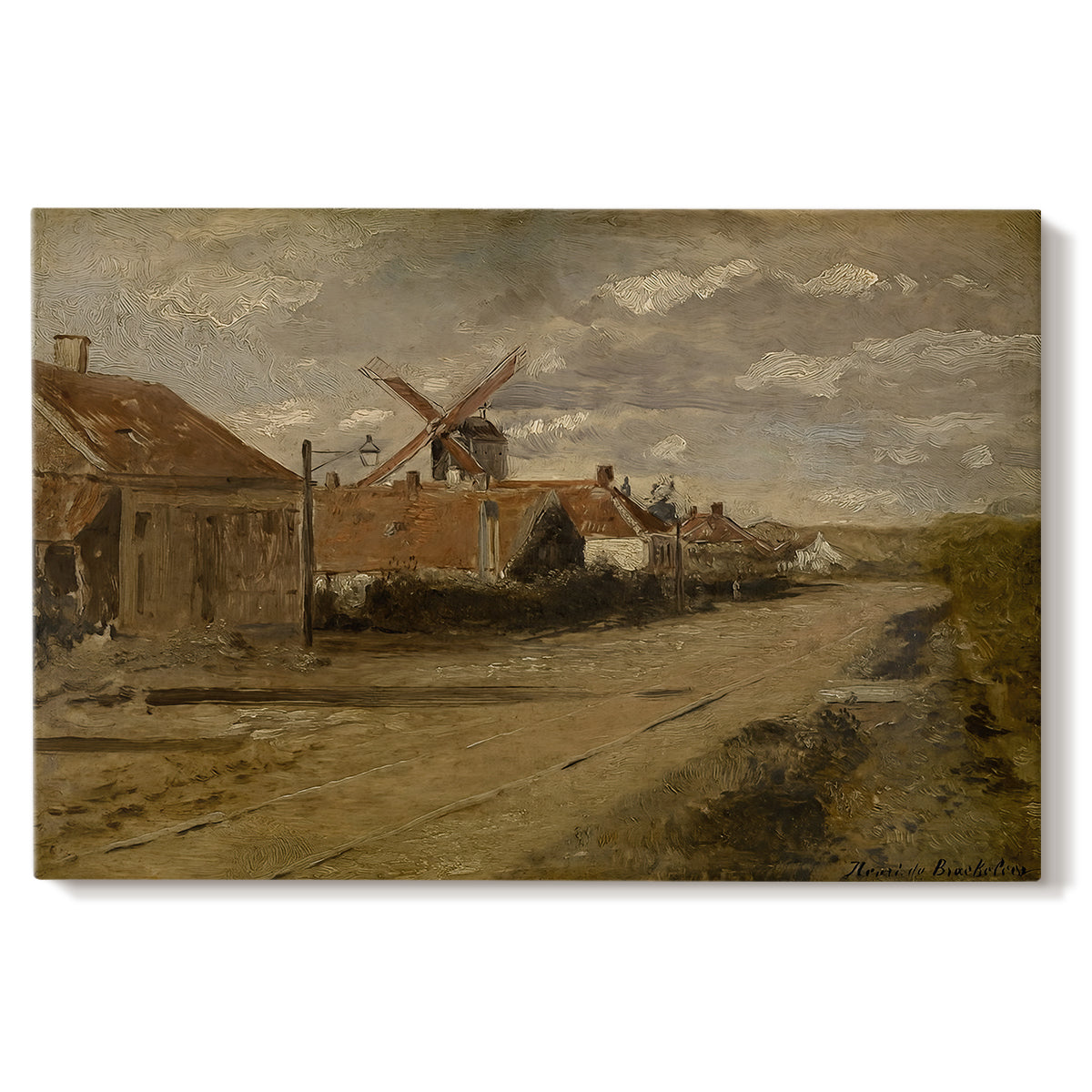 Canvas art print portraying a mill building beside water in quiet rural landscape, set against a white background
