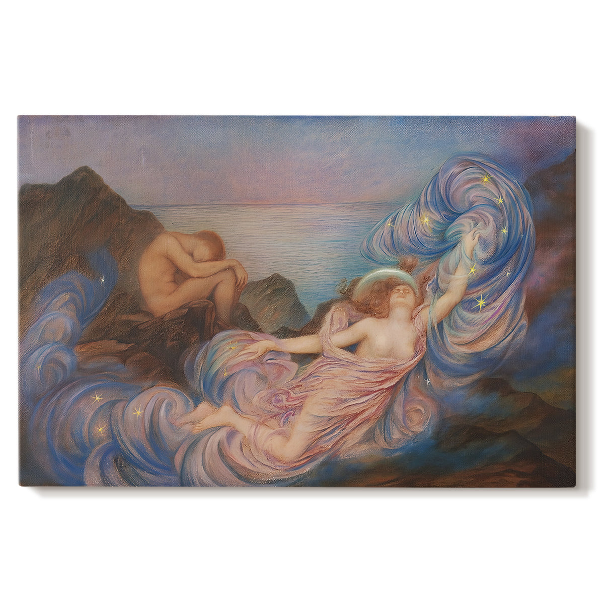 Canvas art print portraying a reclining female figure beneath glowing sky at twilight with soft colors, set against a white background