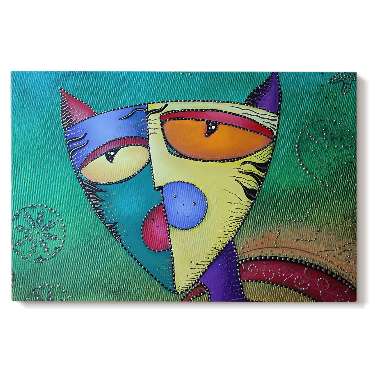Canvas art print portraying a colorful geometric cat face with angular shapes, set against a white background