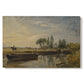 Canvas art print portraying a barge floating on river near lock with greenery, set against a white background