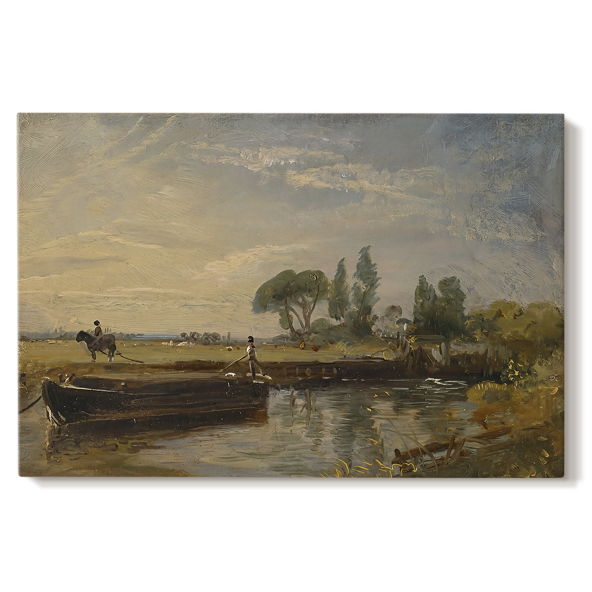 Canvas art print portraying a barge floating on river near lock with greenery, set against a white background