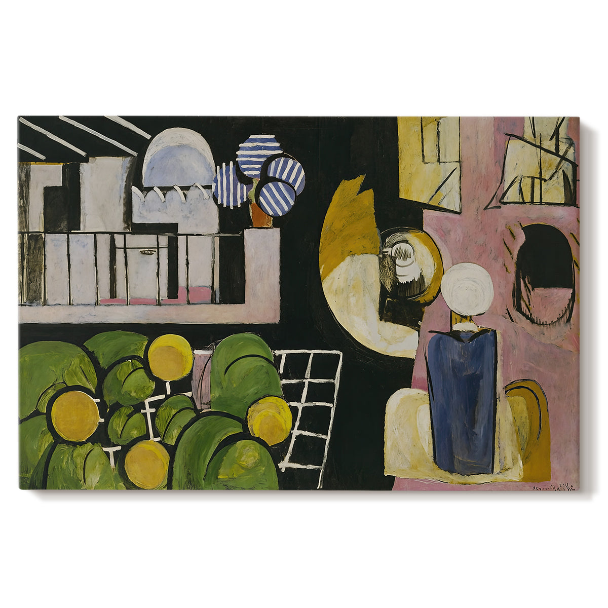 Canvas art print portraying a scene with figures, architecture, and still life elements, set against a white background