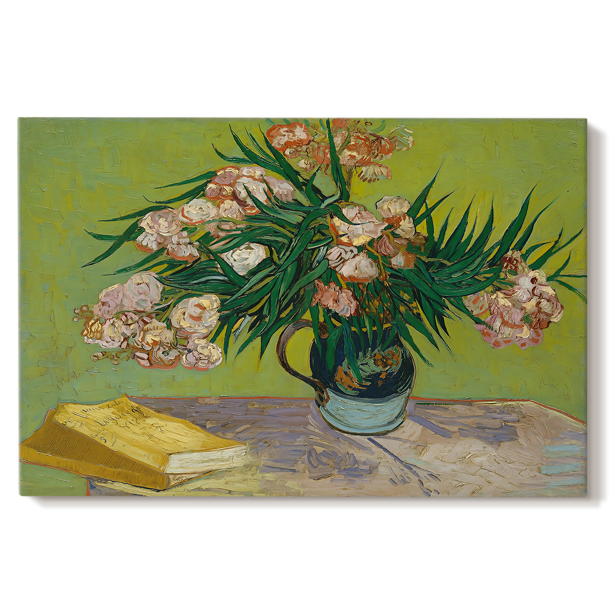 Canvas art print portraying a still life with vase of oleanders placed beside stacked books, set against a white background