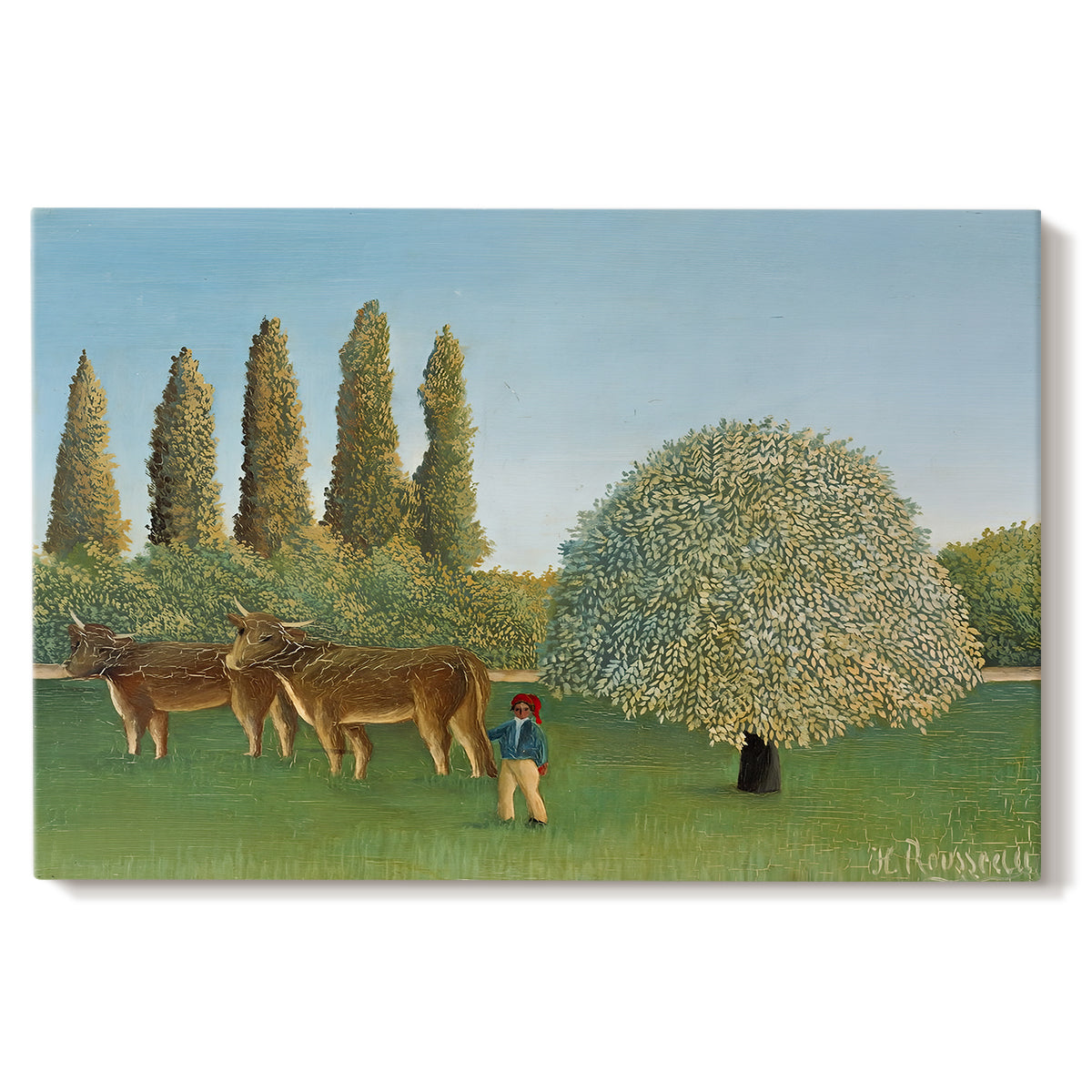 Canvas art print portraying grazing animals in open meadow with trees and simple landscape, set against a white background