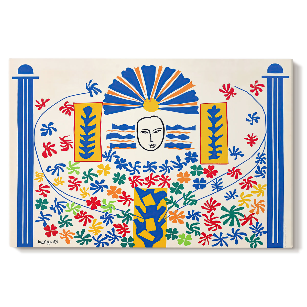 Canvas art print portraying an abstract geometric composition with stylized human and decorative elements, set against a white background