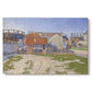 Canvas art print portraying industrial gas structures in urban landscape, set against a white background