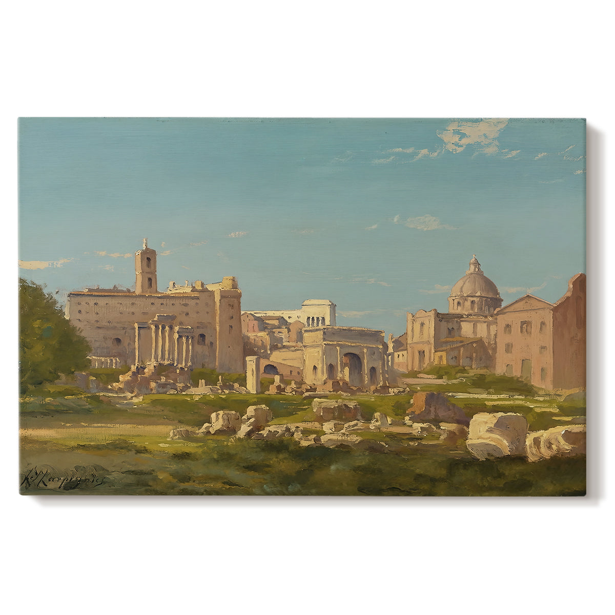 Canvas art print portraying ancient ruins of Roman Forum with architectural structures and open sky, set against a white background