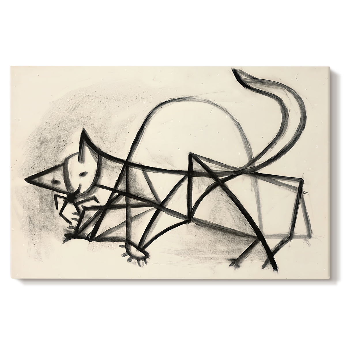Canvas art print portraying a simplified line drawing of cat using loose strokes, set against a white background