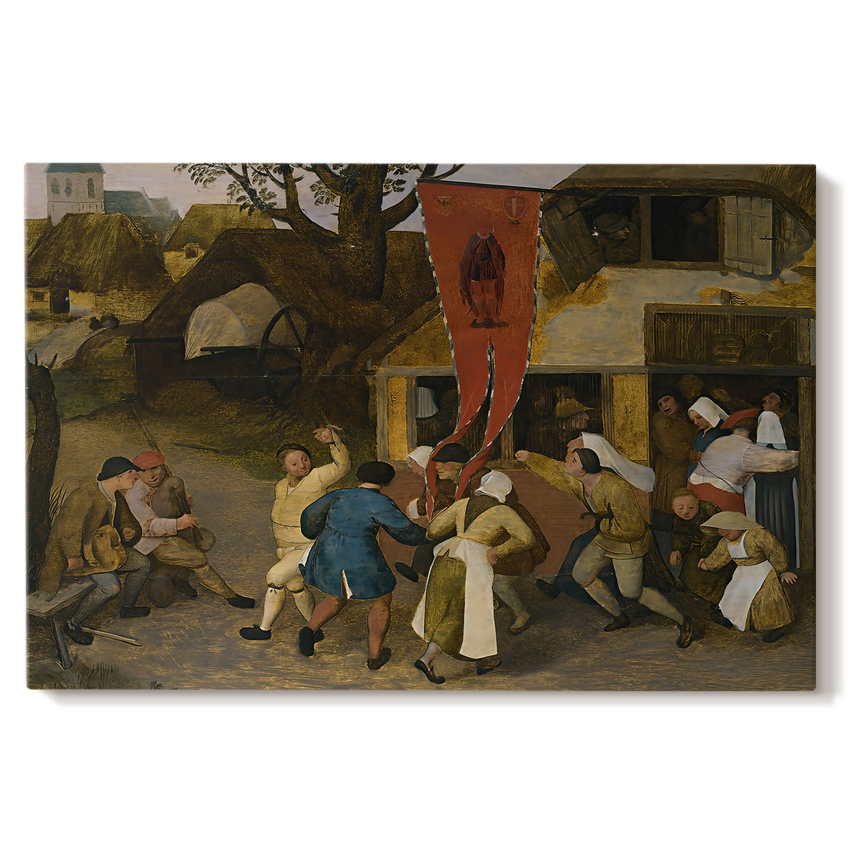 Canvas art print portraying villagers gathered outdoors celebrating in festive scene, set against a white background